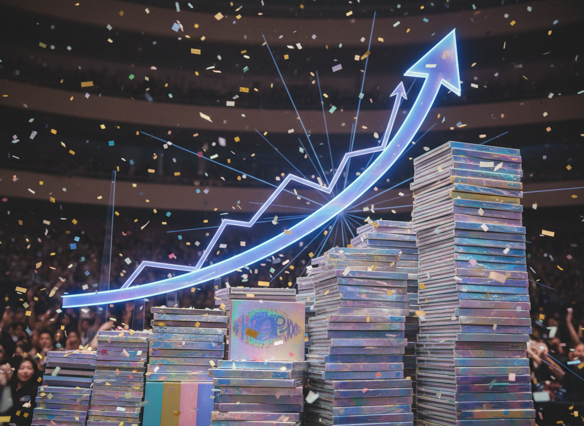 Editorial K-pop album sales milestone image, stacks of K-pop albums and a rising chart graphic, celebratory music-industry atmosphere, no text, no logos