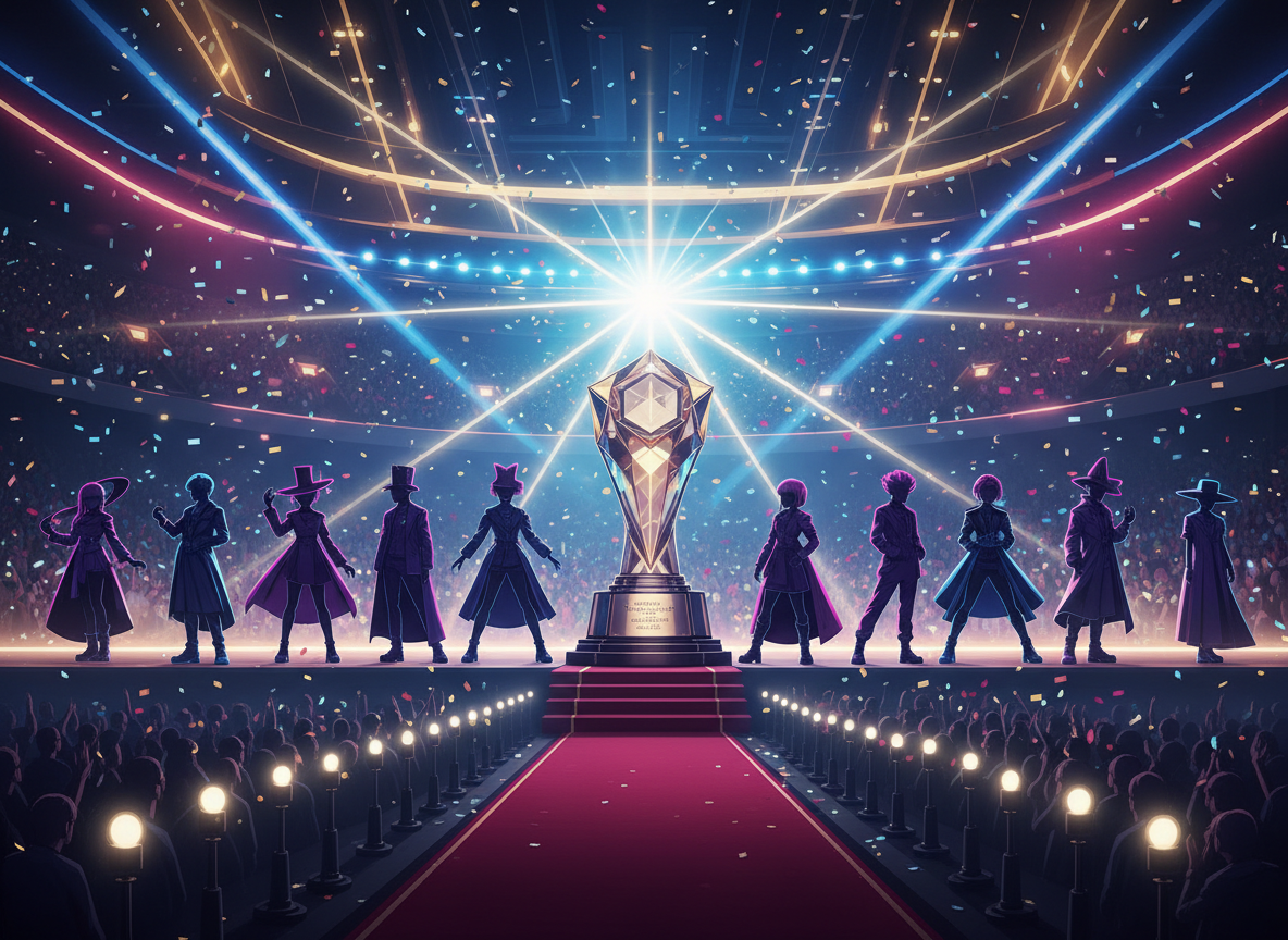 Editorial K-pop awards ceremony image with diverse stylized idol silhouettes on a grand stage, trophy lights and red carpet, no text, no logos