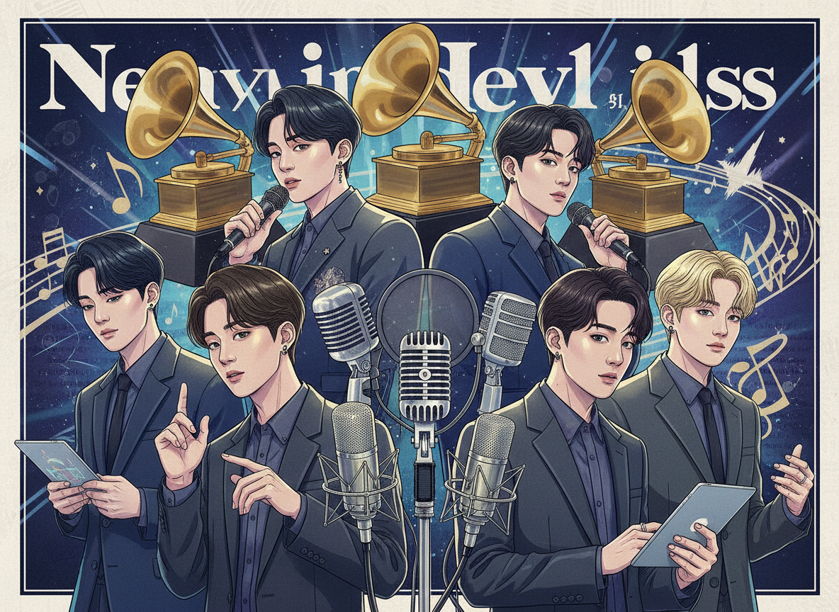 Editorial illustration of a K-pop boy group and Grammy awards submission concept, recording studio microphones, music awards imagery, sophisticated news aesthetic, no text, no logos