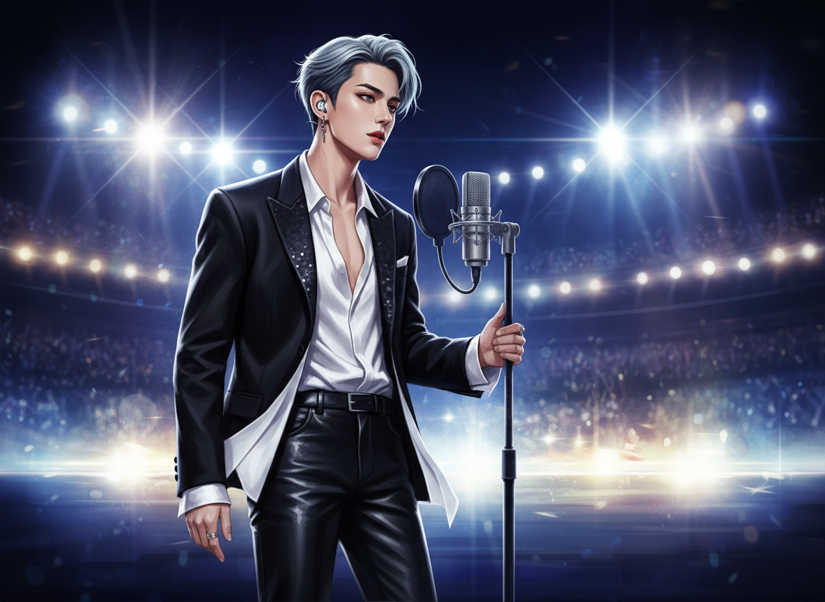 Editorial portrait-style illustration of a male K-pop solo artist beginning a new solo career, recording studio microphone and stage lights, non-identifying, no text